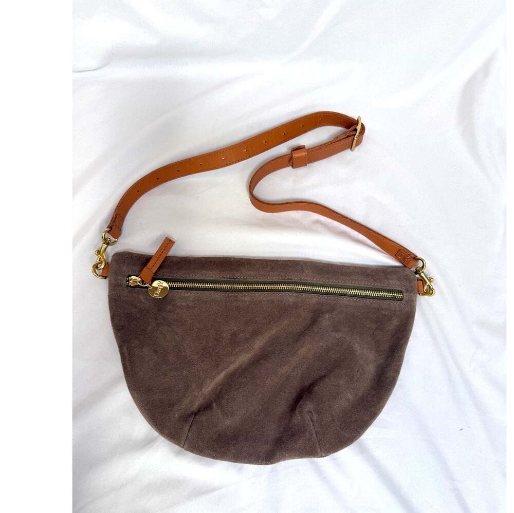 EUC Clare V Grey Suede Leather Grande Fanny Crossbody, Green Zipper Brown Strap